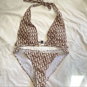 Dior brown monogram rhinestone halter bikini set